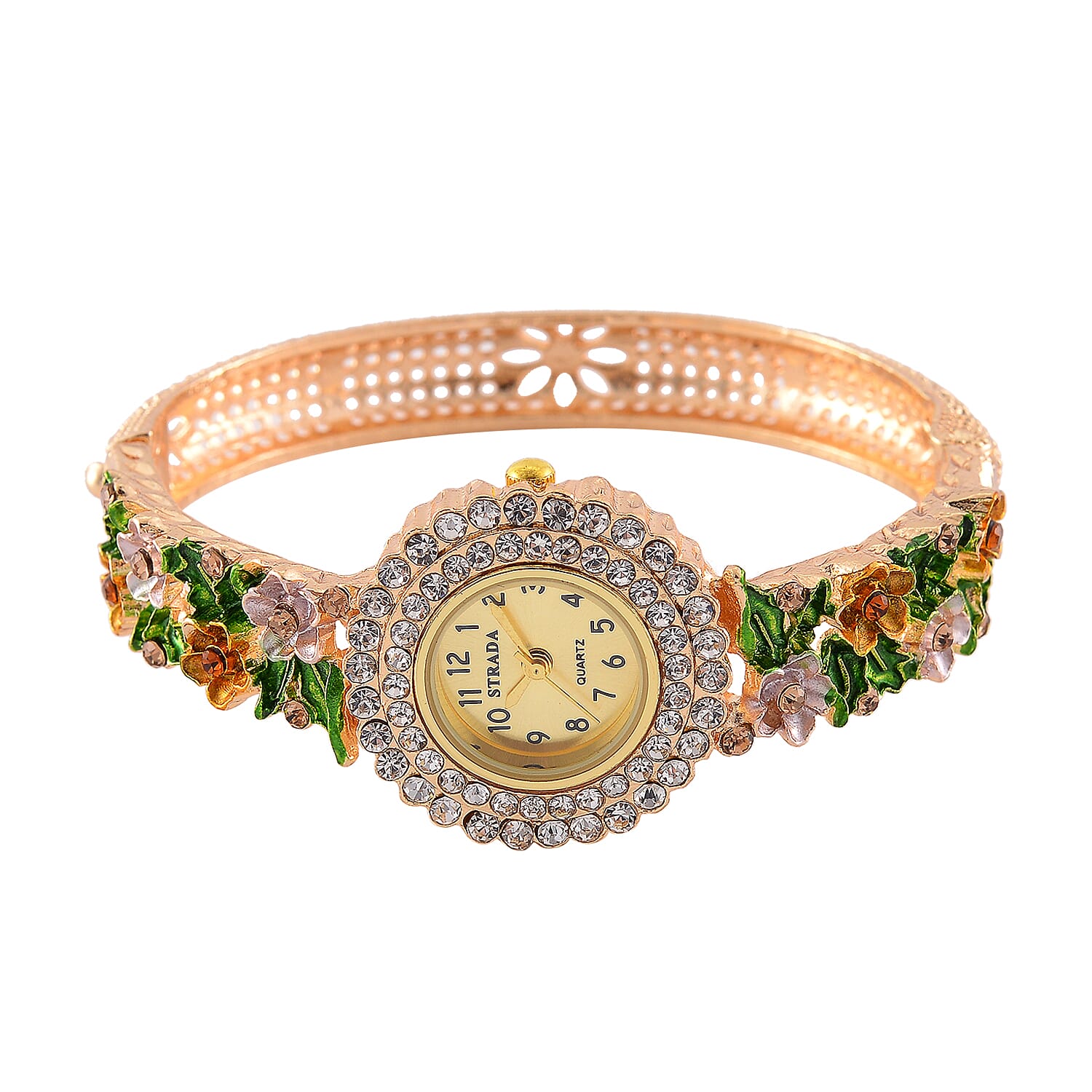 Strada Multi Color Austrian Crystal and Enameled Japanse Movement Bangle Watch in Goldtone