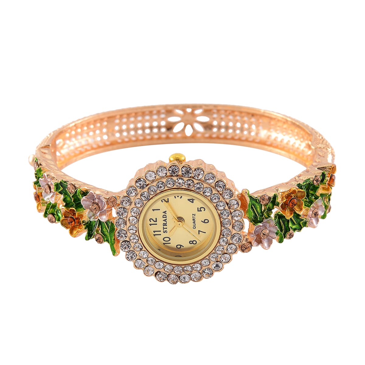 Strada Multi Color Austrian Crystal and Enameled Japanse Movement Bangle Watch in Goldtone image number 3