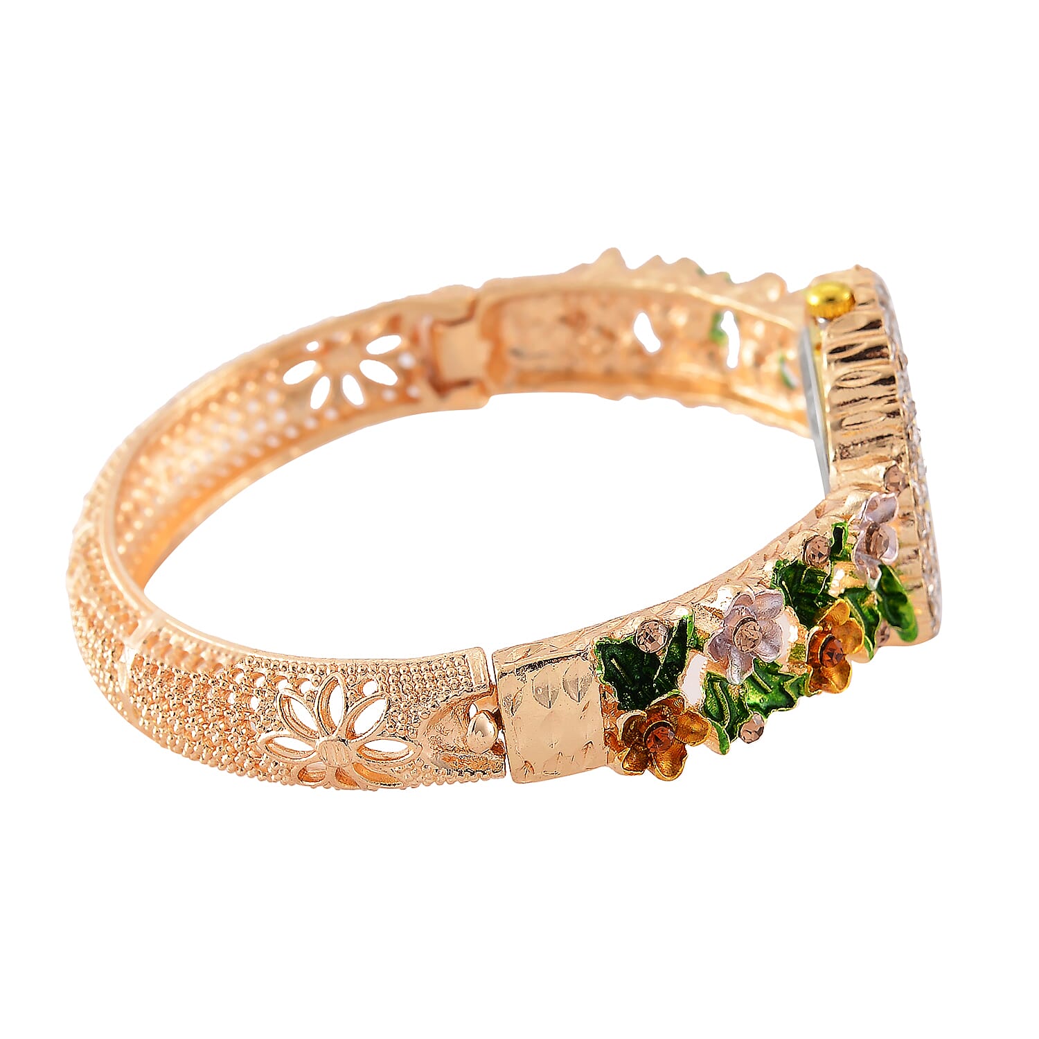 Strada Multi Color Austrian Crystal and Enameled Japanse Movement Bangle Watch in Goldtone