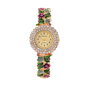 Strada White and Purple Austrian Crystal and Enameled Japanse Movement Bangle Watch in Goldtone