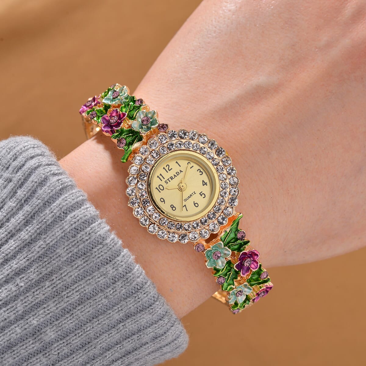 Strada White and Purple Austrian Crystal and Enameled Japanse Movement Bangle Watch in Goldtone image number 1