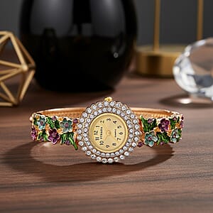 Strada White and Purple Austrian Crystal and Enameled Japanse Movement Bangle Watch in Goldtone