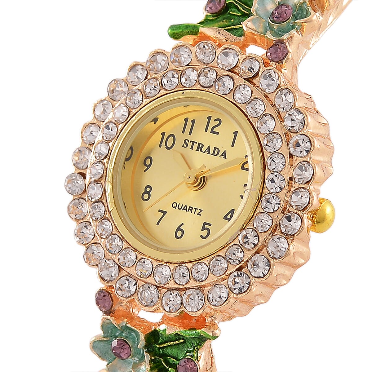 Strada White and Purple Austrian Crystal and Enameled Japanse Movement Bangle Watch in Goldtone image number 2