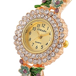 Strada White and Purple Austrian Crystal and Enameled Japanse Movement Bangle Watch in Goldtone