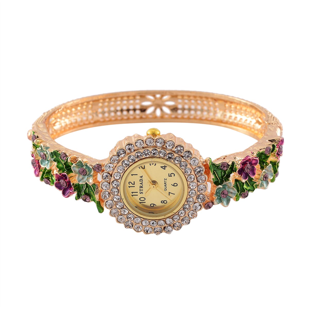 Strada White and Purple Austrian Crystal and Enameled Japanse Movement Bangle Watch in Goldtone image number 3