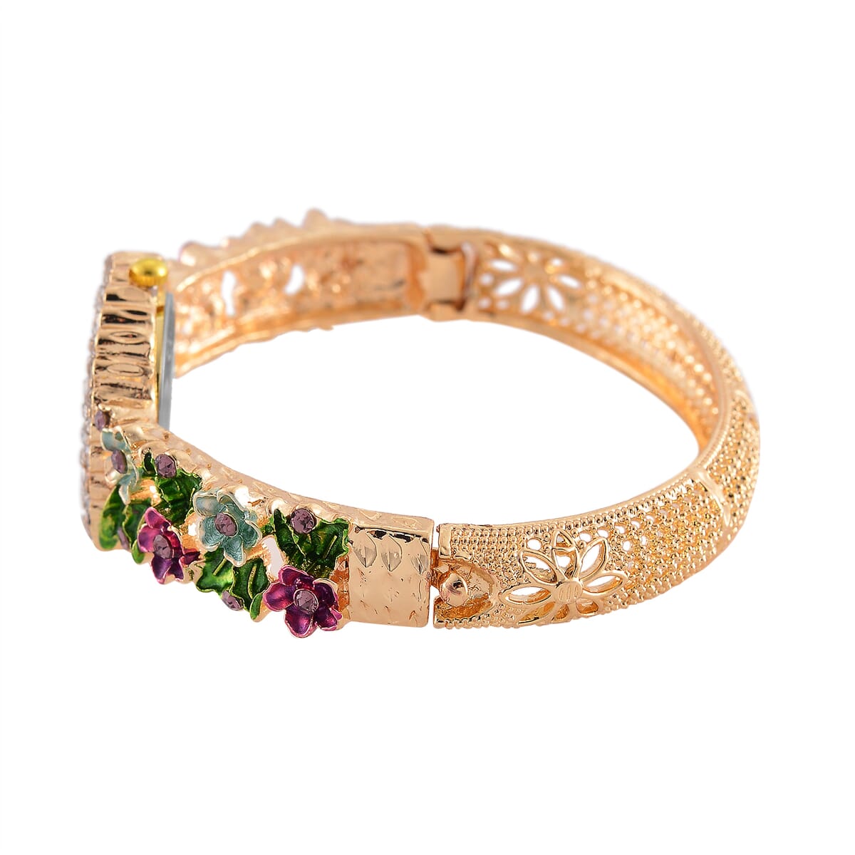 Strada White and Purple Austrian Crystal and Enameled Japanse Movement Bangle Watch in Goldtone image number 4