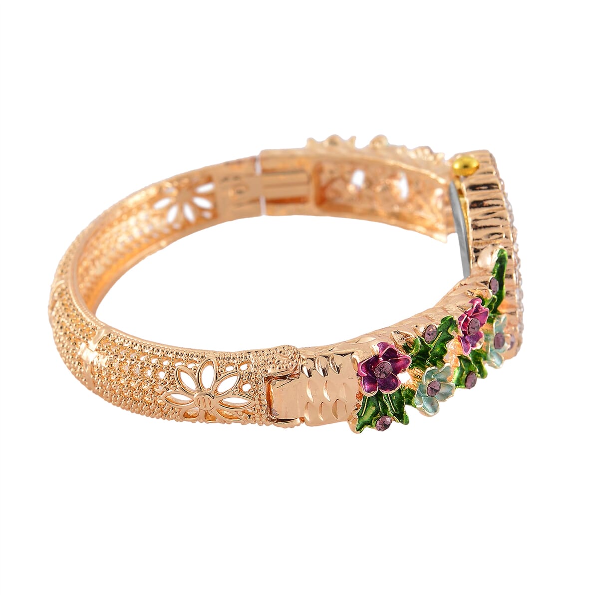 Strada White and Purple Austrian Crystal and Enameled Japanse Movement Bangle Watch in Goldtone image number 5
