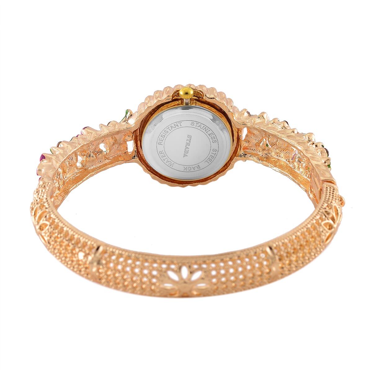 Strada White and Purple Austrian Crystal and Enameled Japanse Movement Bangle Watch in Goldtone image number 6