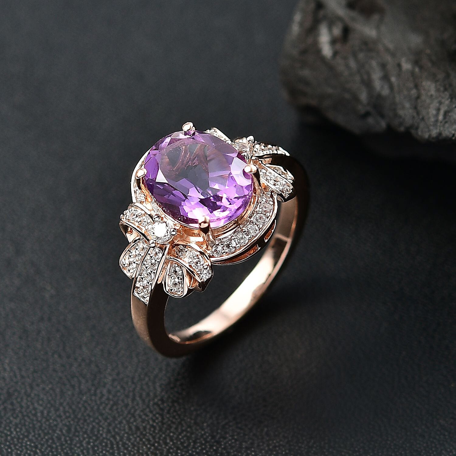 AAA Rose De France Amethyst, White Zircon Love Knot Ring in 18K Vermeil RG Over Sterling Silver (Size 10.0) 3.00 ctw