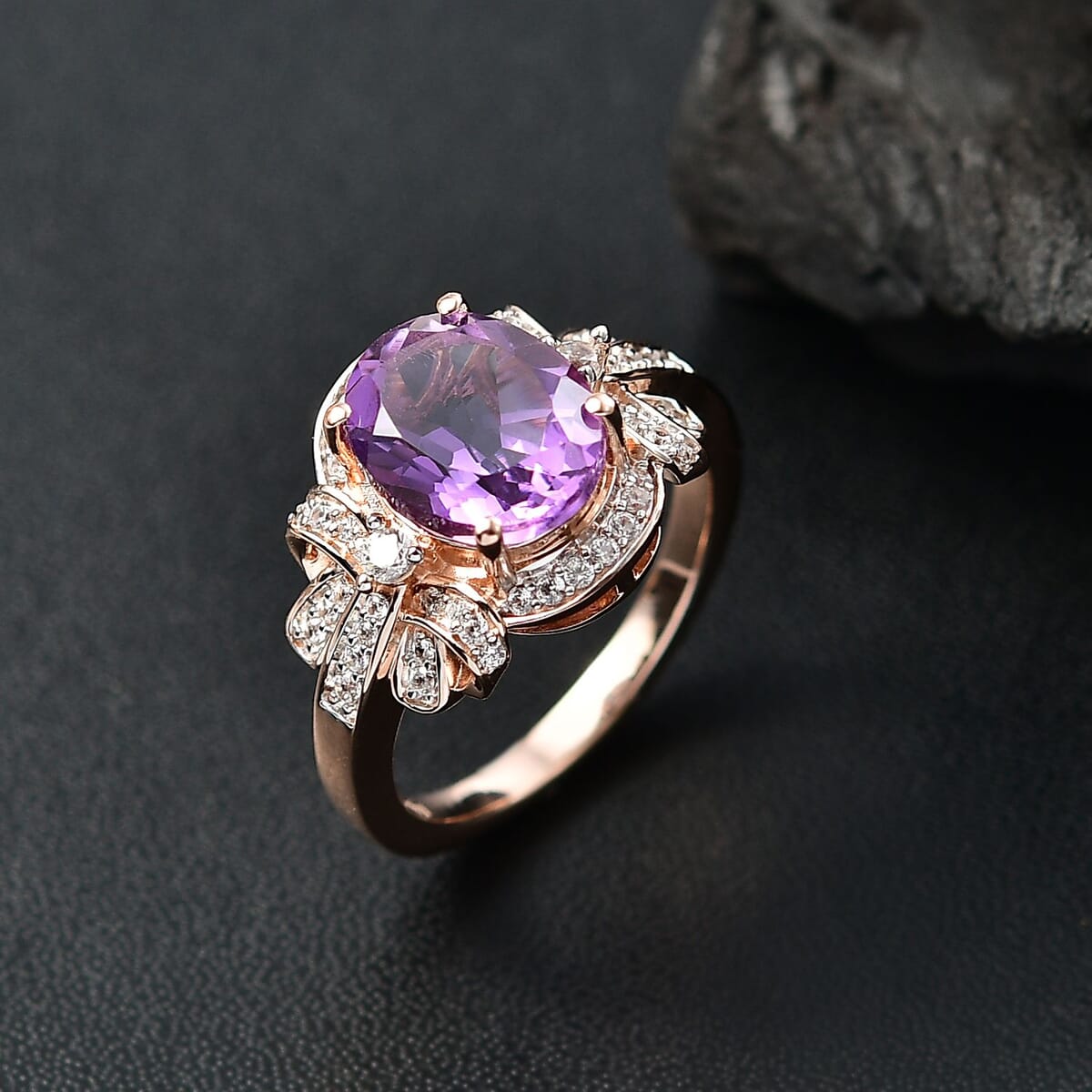 AAA Rose De France Amethyst and White Zircon 3.00 ctw Love Knot Ring in 18K Vermeil Rose Gold Over Sterling Silver (Size 7.0) image number 1