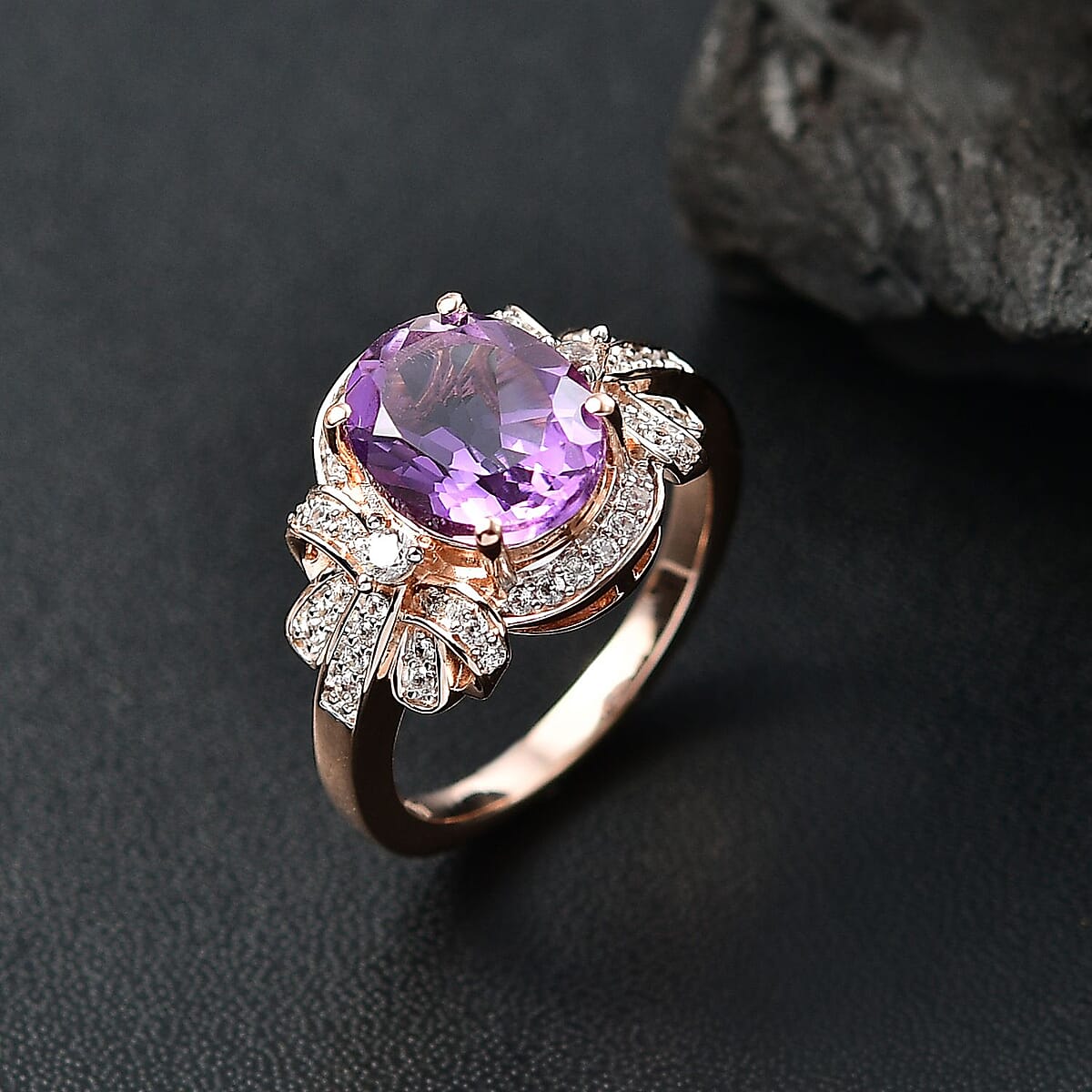 AAA Rose De France Amethyst and White Zircon 3.00 ctw Love Knot Ring in 18K Vermeil Rose Gold Over Sterling Silver (Size 9.0) image number 1