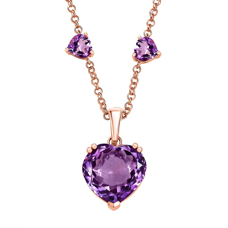 D'Joy AAA Rose De France Amethyst 25.00 ctw Heart Necklace in 18K Vermeil Rose Gold Over Sterling Silver 20 Inches