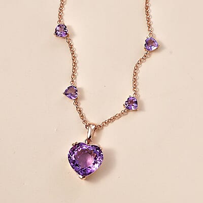 D'Joy AAA Rose De France Amethyst 25.00 ctw Heart Necklace in 18K Vermeil Rose Gold Over Sterling Silver 20 Inches