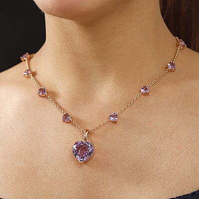 D'Joy AAA Rose De France Amethyst 25.00 ctw Heart Necklace in 18K Vermeil Rose Gold Over Sterling Silver 20 Inches