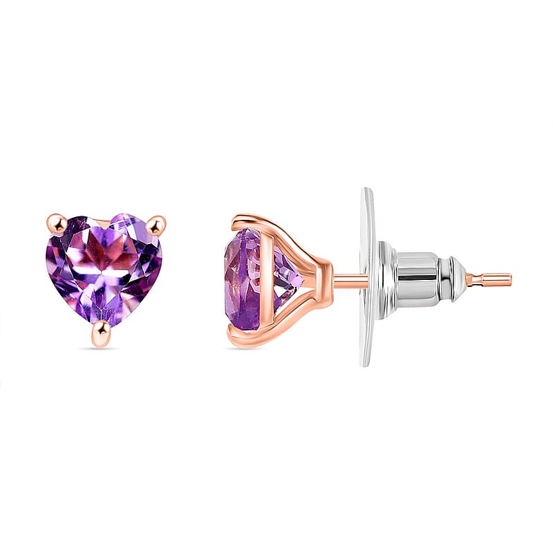 D'Joy AAA Rose De France Amethyst 2.20 ctw Heart Stud Earrings in 18K Vermeil Rose Gold Over Sterling Silver