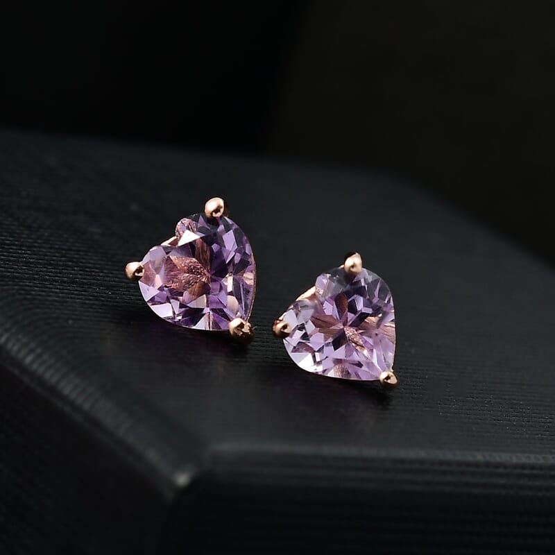 D'Joy AAA Rose De France Amethyst 2.20 ctw Heart Stud Earrings in 18K Vermeil Rose Gold Over Sterling Silver