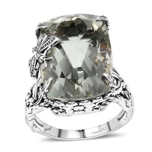 Indian Artisan Crafted Montezuma Prasiolite 16.10 ctw Twilight Wings Ring in Sterling Silver (Size 7.0)