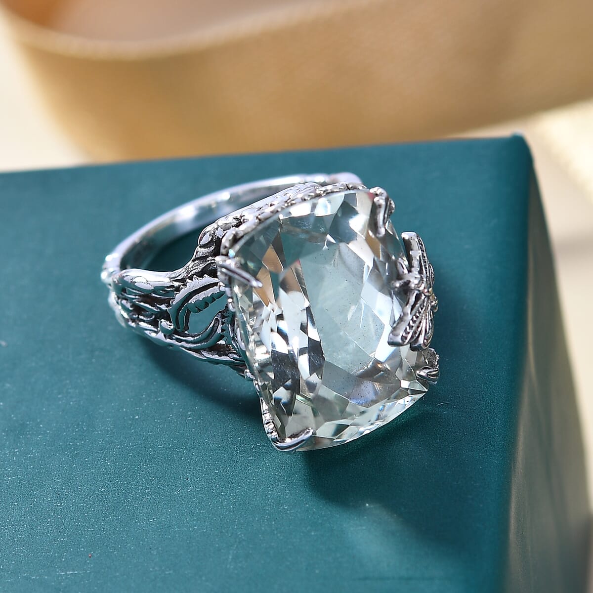 Indian Artisan Crafted Montezuma Prasiolite 16.10 ctw Twilight Wings Ring in Sterling Silver (Size 8.0) image number 1