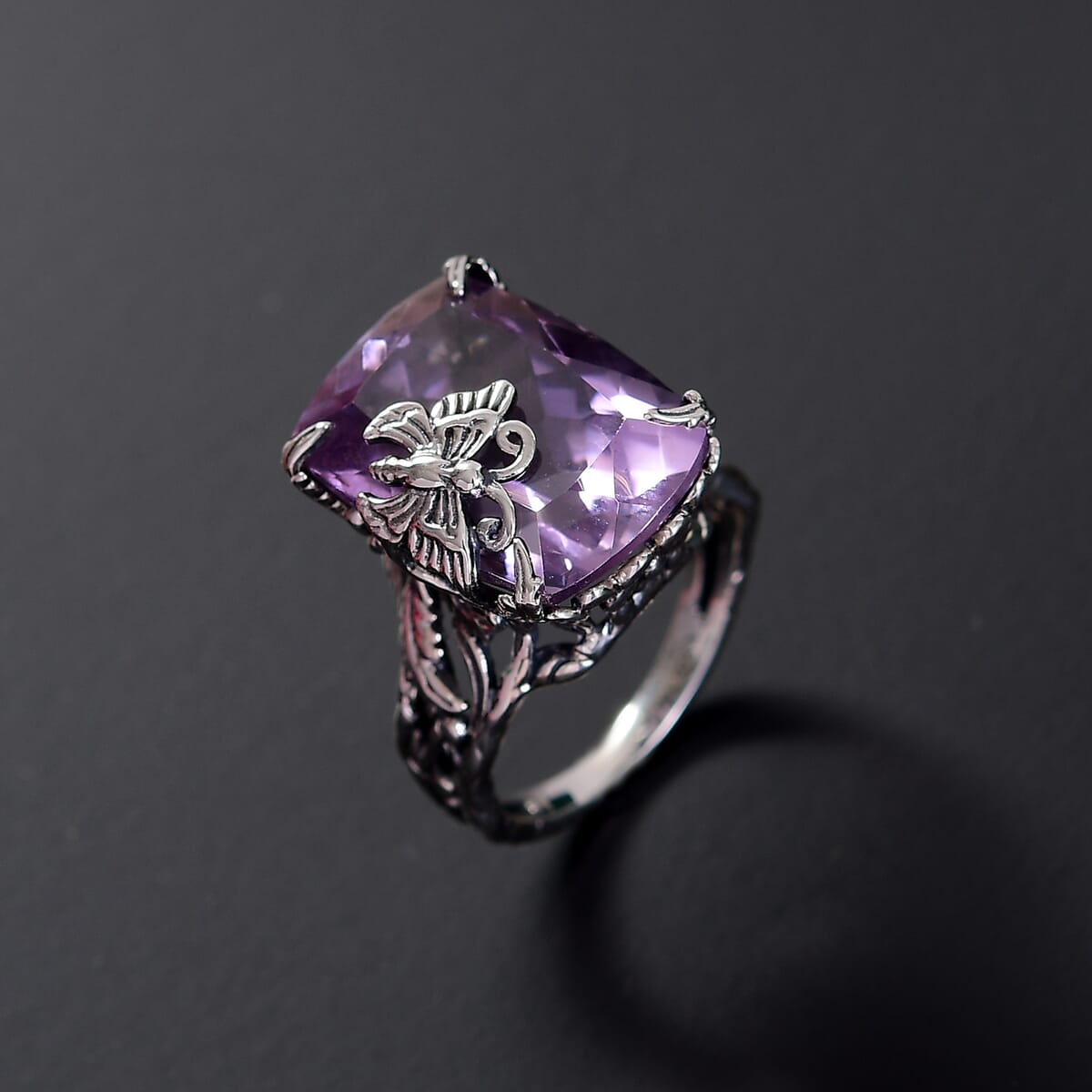 Indian Artisan Crafted Rose De France Amethyst 14.80 ctw Twilight Wings Ring in Sterling Silver (Size 8.0) image number 1