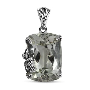 Indian Artisan Crafted Montezuma Prasiolite 16.10 ctw Twilight Wings Pendant without Chain in Sterling Silver