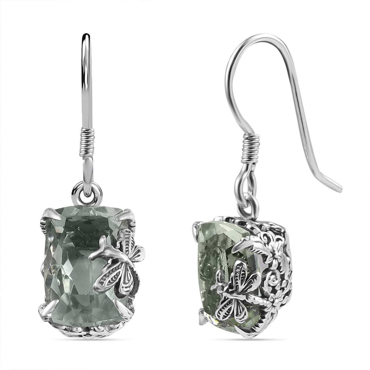 Indian Artisan Crafted Montezuma Prasiolite 9.80 ctw Twilight Wings Earrings in Sterling Silver  image number 0