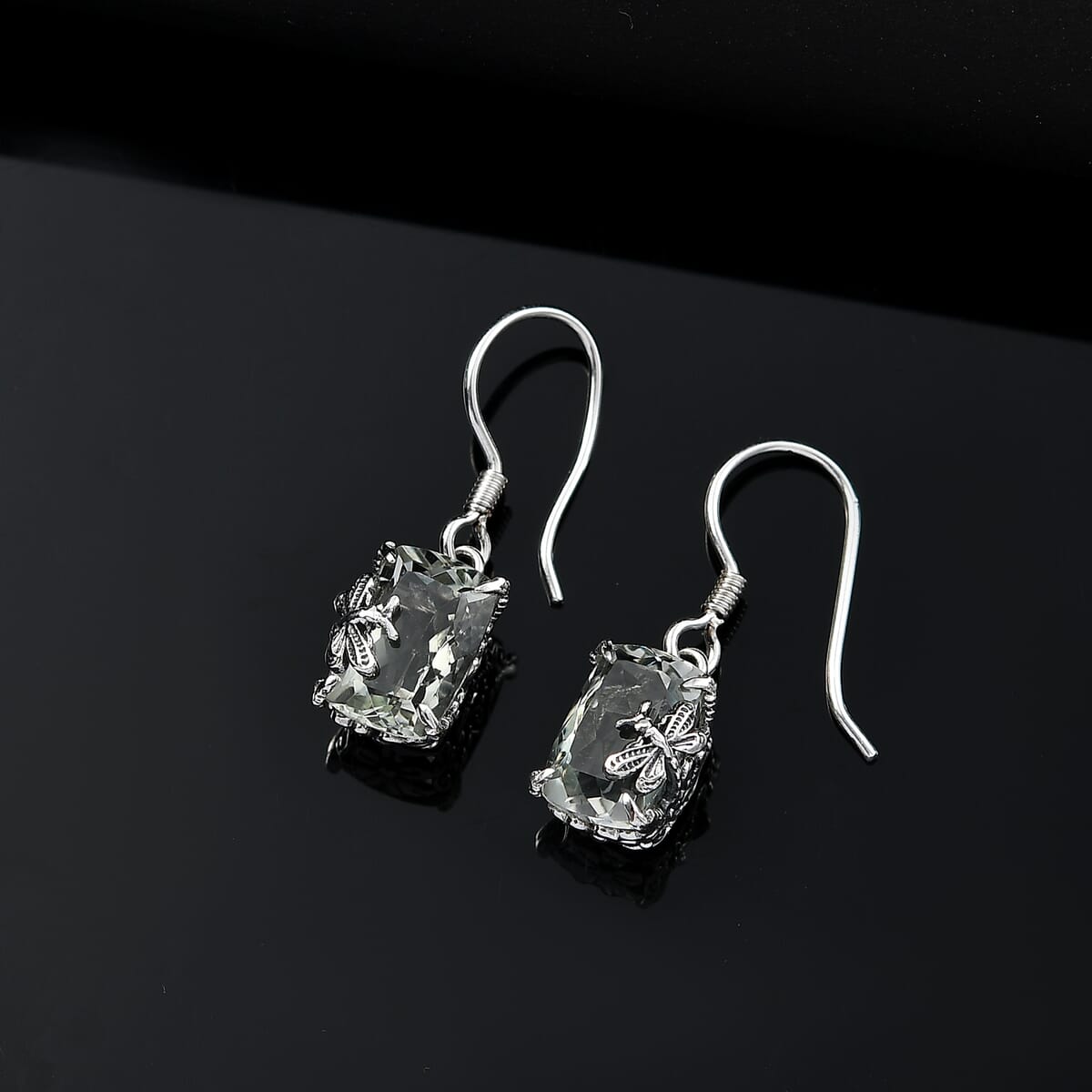 Indian Artisan Crafted Montezuma Prasiolite 9.80 ctw Twilight Wings Earrings in Sterling Silver  image number 1