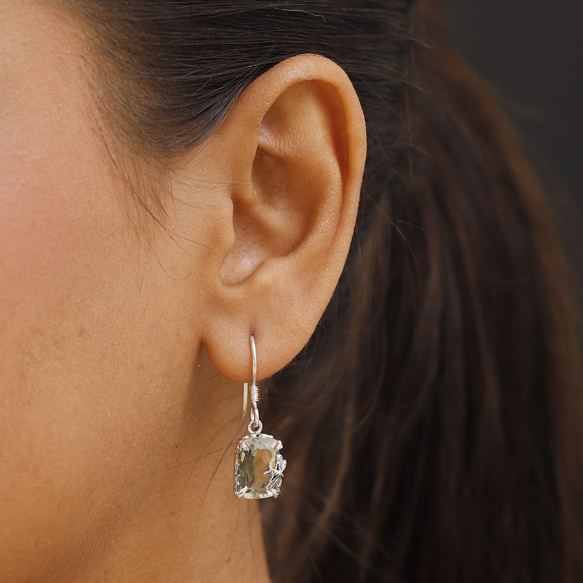 Indian Artisan Crafted Montezuma Prasiolite 9.80 ctw Twilight Wings Earrings in Sterling Silver  image number 2