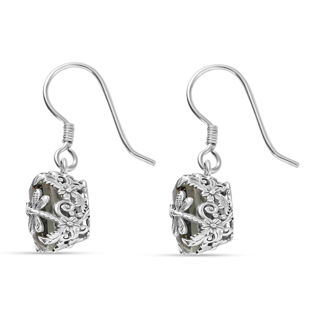 Indian Artisan Crafted Montezuma Prasiolite 9.80 ctw Twilight Wings Earrings in Sterling Silver  image number 3