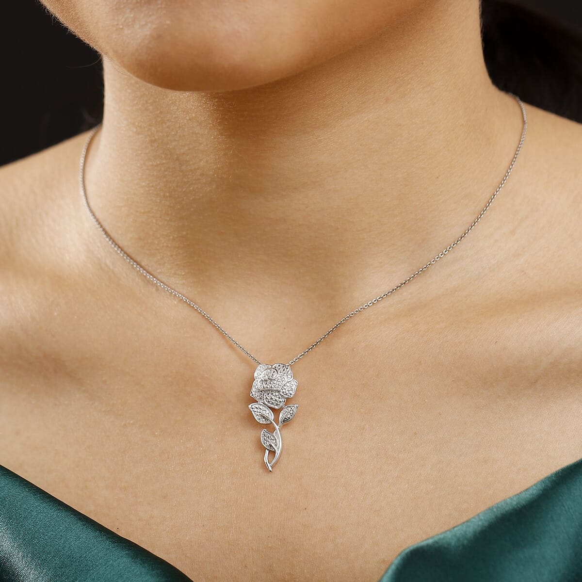 Diamond Accent Rose Pendant without Chain in Platinum Over Sterling Silver image number 2