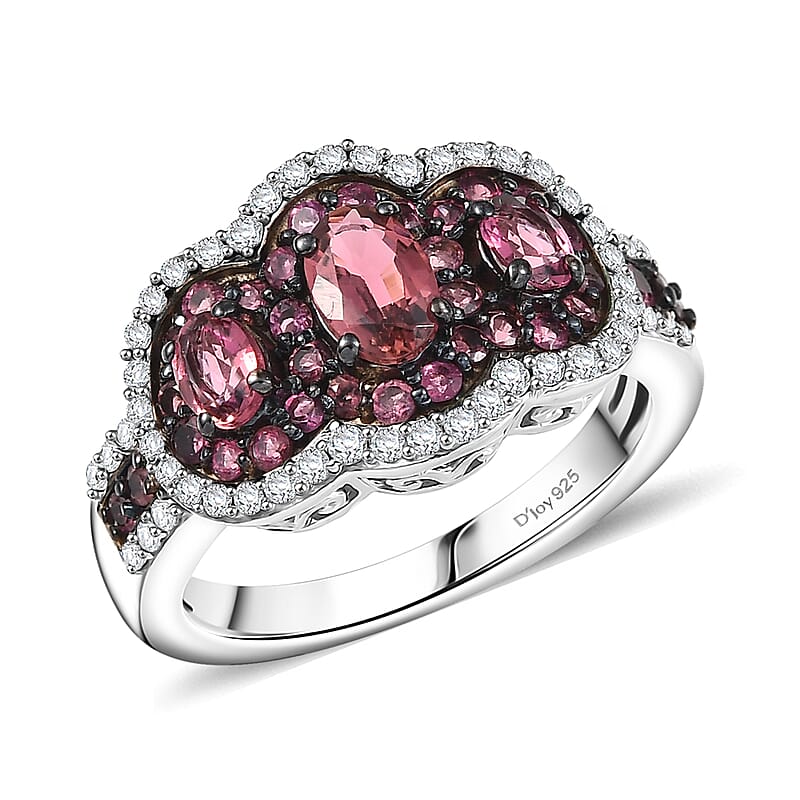D'Joy Ouro Fino Rubellite and White Zircon 1.85 ctw Trilogy Ring in Rhodium Over Sterling Silver (Size 10.0)