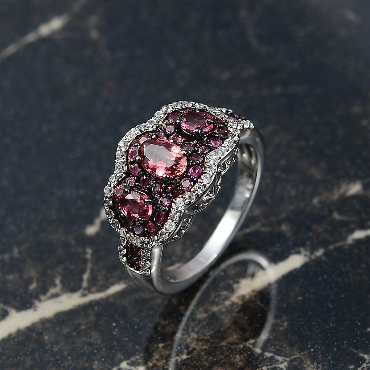 D'Joy Ouro Fino Rubellite and White Zircon 1.85 ctw Ring in Rhodium Over Sterling Silver (Size 10.0) image number 1