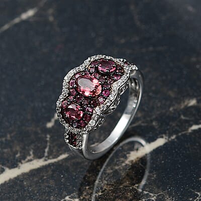 D'Joy Ouro Fino Rubellite and White Zircon 1.85 ctw Trilogy Ring in Rhodium Over Sterling Silver (Size 10.0)