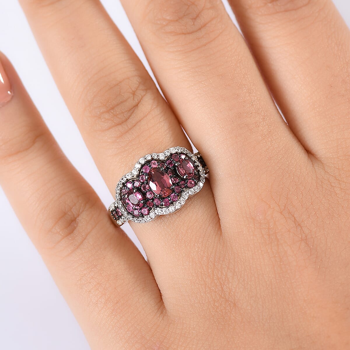 D'Joy Ouro Fino Rubellite and White Zircon 1.85 ctw Ring in Rhodium Over Sterling Silver (Size 10.0) image number 2