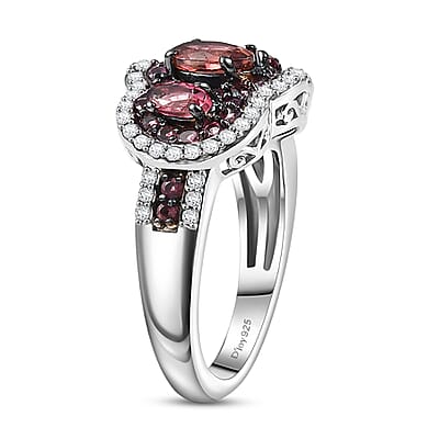 D'Joy Ouro Fino Rubellite and White Zircon 1.85 ctw Trilogy Ring in Rhodium Over Sterling Silver (Size 10.0)