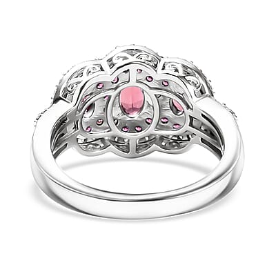 D'Joy Ouro Fino Rubellite and White Zircon 1.85 ctw Trilogy Ring in Rhodium Over Sterling Silver (Size 10.0)