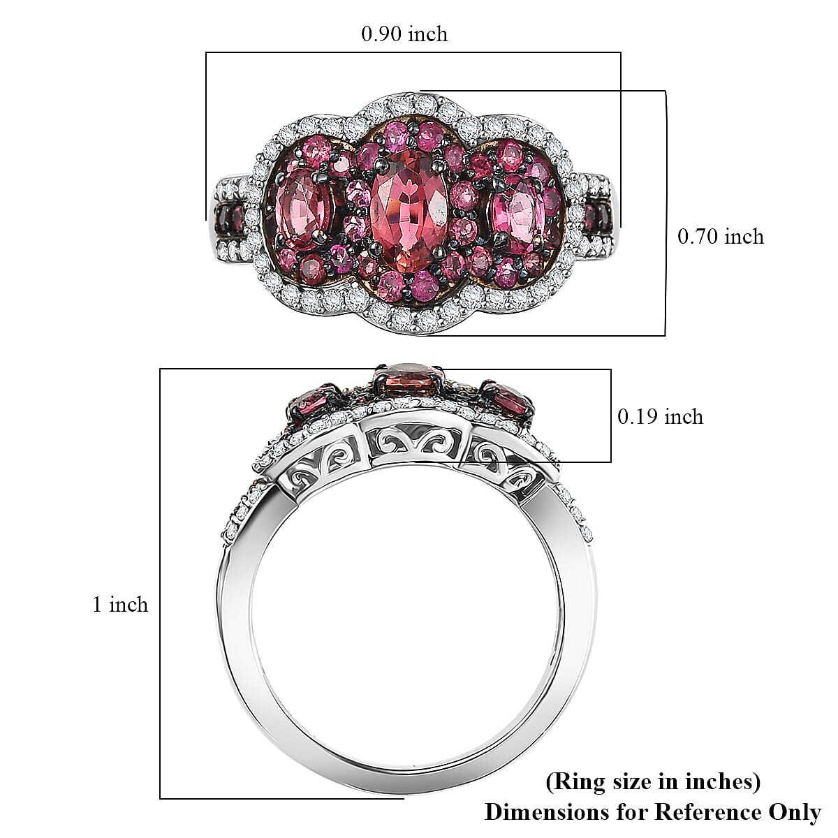 D'Joy Ouro Fino Rubellite and White Zircon 1.85 ctw Trilogy Ring in Rhodium Over Sterling Silver (Size 10.0)