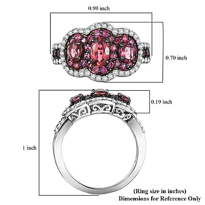 D'Joy Ouro Fino Rubellite and White Zircon 1.85 ctw Trilogy Ring in Rhodium Over Sterling Silver (Size 10.0)