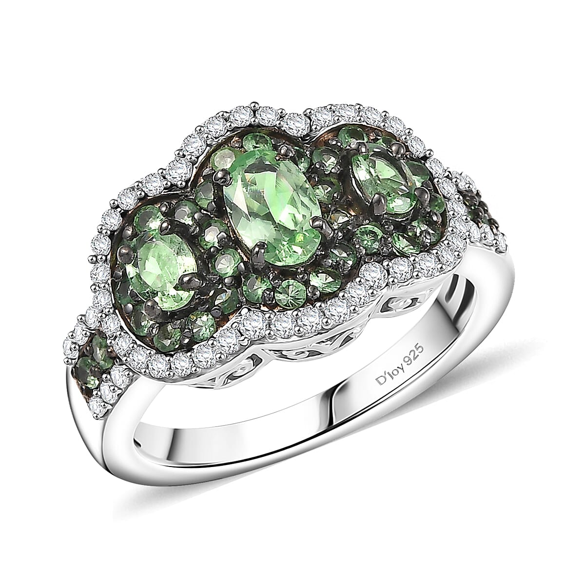 D'Joy Tsavorite Garnet and White Zircon 2.40 ctw Trilogy Ring in Rhodium Over Sterling Silver (Size 10.0) image number 0