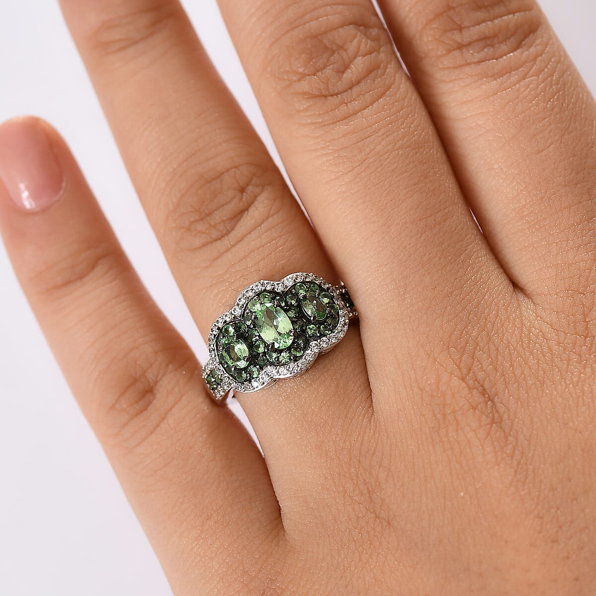 D'Joy Tsavorite Garnet and White Zircon 2.40 ctw Trilogy Ring in Rhodium Over Sterling Silver (Size 10.0) image number 2