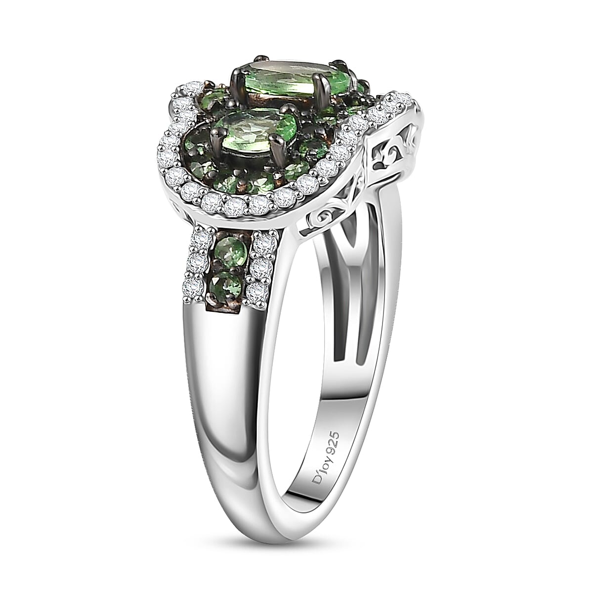 D'Joy Tsavorite Garnet and White Zircon 2.40 ctw Trilogy Ring in Rhodium Over Sterling Silver (Size 5.0) image number 3