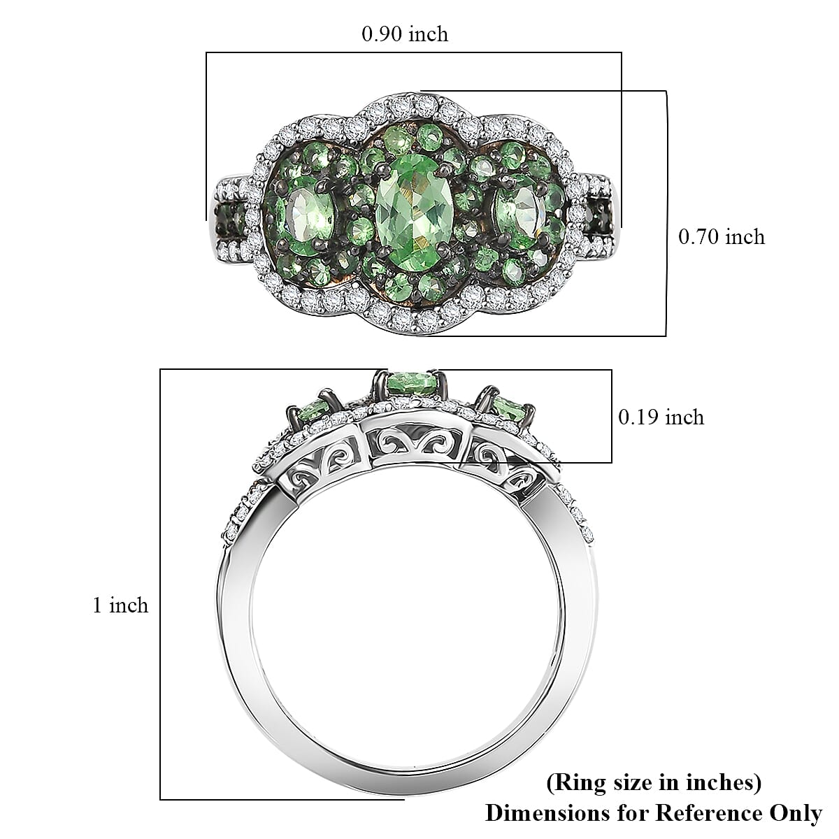 D'Joy Tsavorite Garnet and White Zircon 2.40 ctw Trilogy Ring in Rhodium Over Sterling Silver (Size 5.0) image number 5