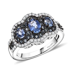 D'Joy Ceylon Blue Sapphire and White Zircon 2.40 ctw Ring in Rhodium Over Sterling Silver (Size 10.0)