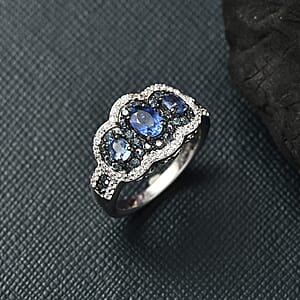 D'Joy Ceylon Blue Sapphire and White Zircon 2.40 ctw Ring in Rhodium Over Sterling Silver (Size 5.0)