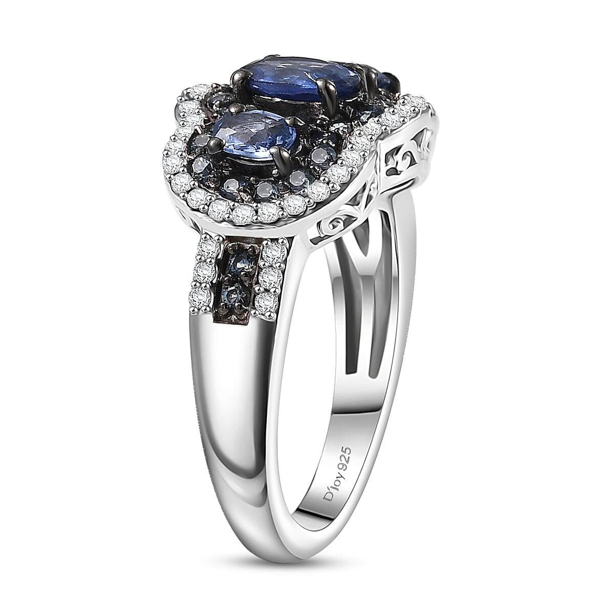 D'Joy Ceylon Blue Sapphire and White Zircon 2.40 ctw Trilogy Ring in Rhodium Over Sterling Silver (Size 7.0) image number 3