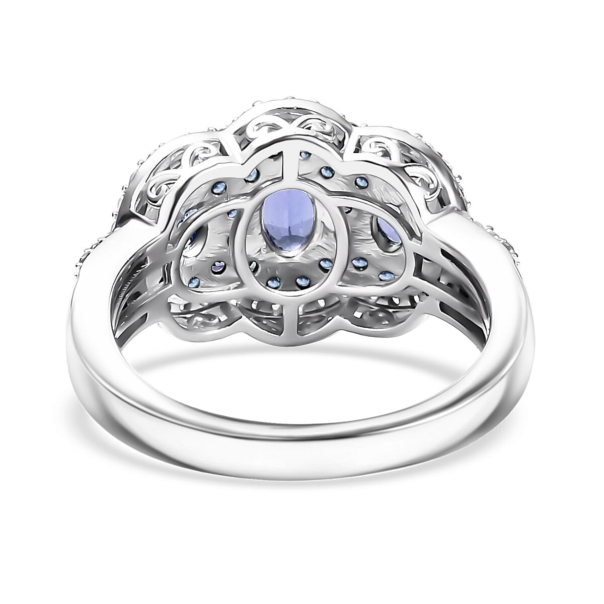D'Joy Ceylon Blue Sapphire and White Zircon 2.40 ctw Trilogy Ring in Rhodium Over Sterling Silver (Size 7.0) image number 4