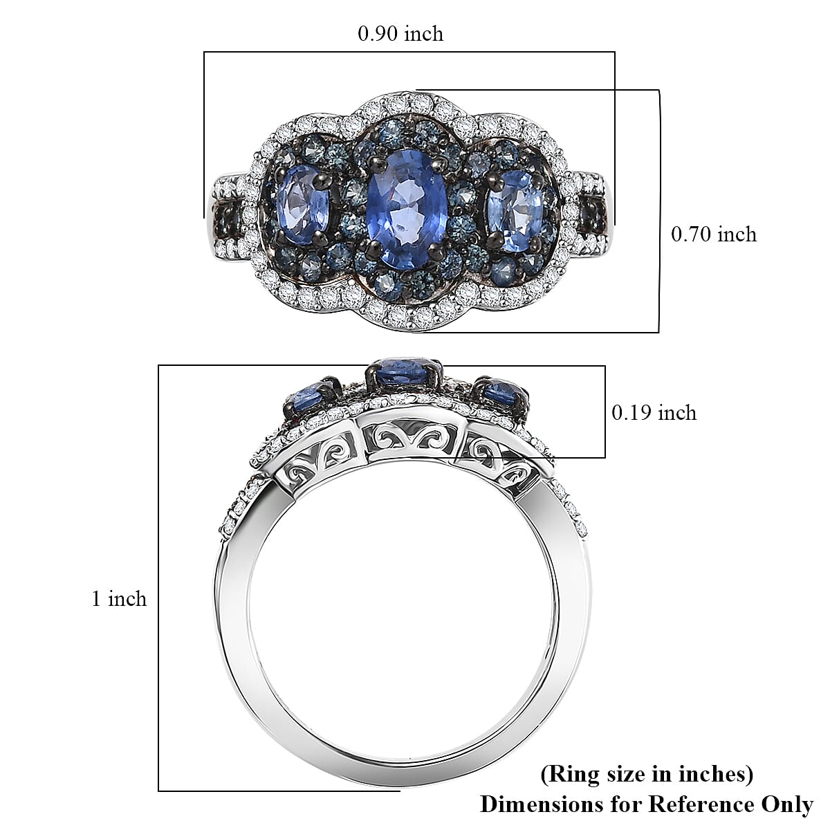 D'Joy Ceylon Blue Sapphire and White Zircon 2.40 ctw Trilogy Ring in Rhodium Over Sterling Silver (Size 7.0) image number 5