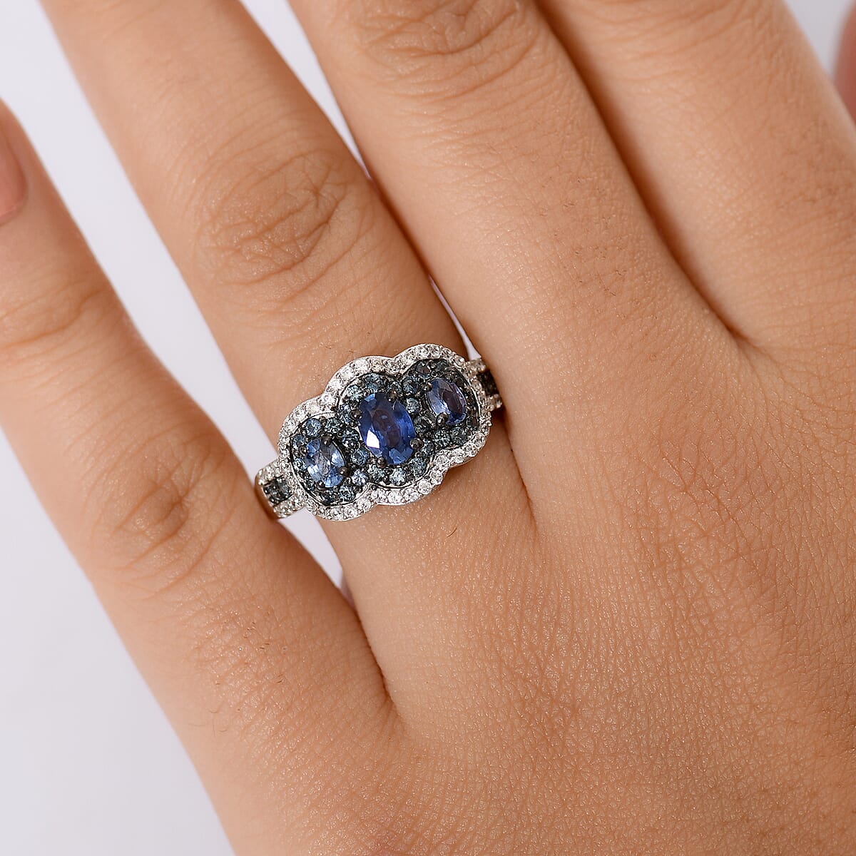 D'Joy Ceylon Blue Sapphire and White Zircon 2.40 ctw Trilogy Ring in Rhodium Over Sterling Silver (Size 8.0) image number 2