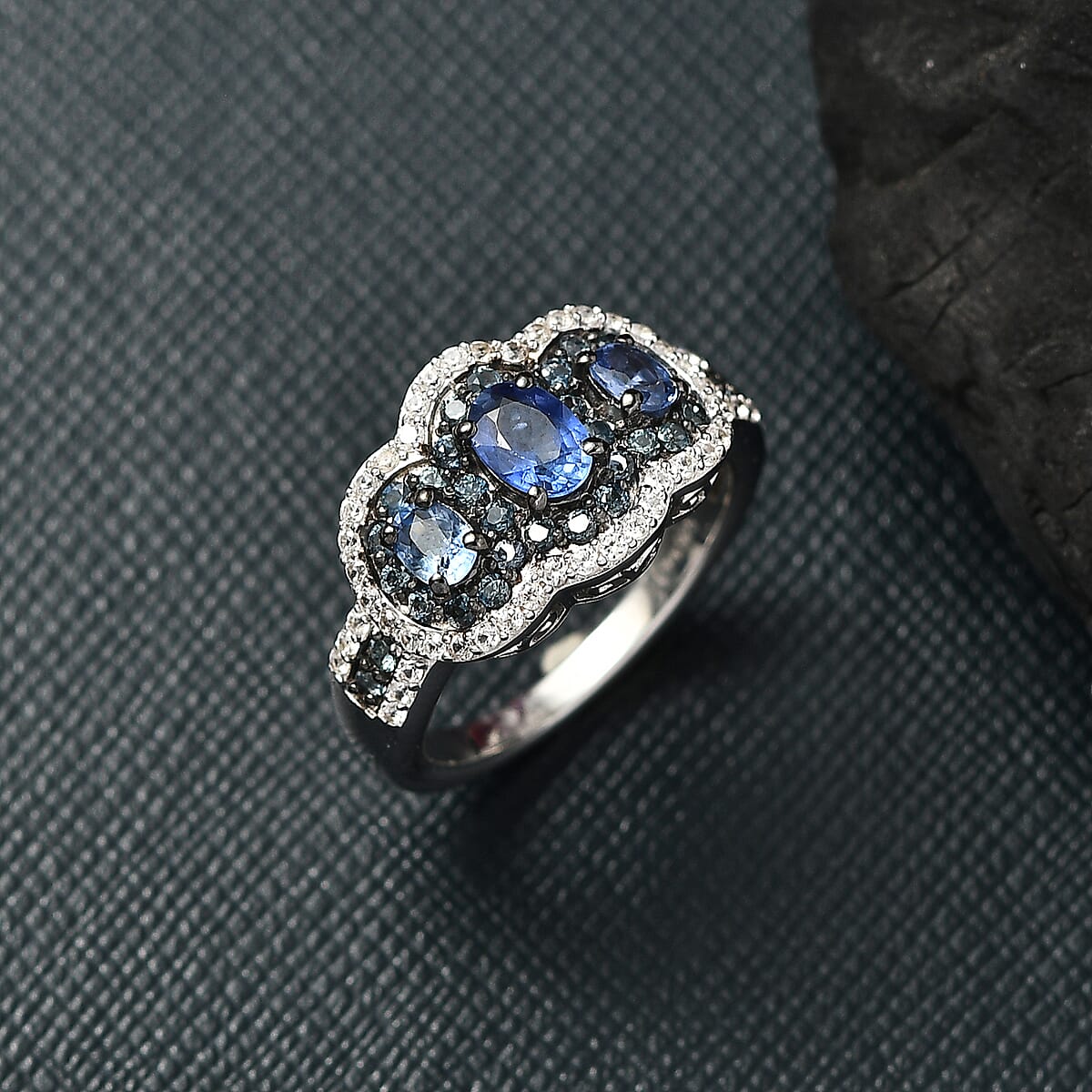 D'Joy Ceylon Blue Sapphire and White Zircon ctw Trilogy Ring in  Rhodium Over Sterling Silver (Size