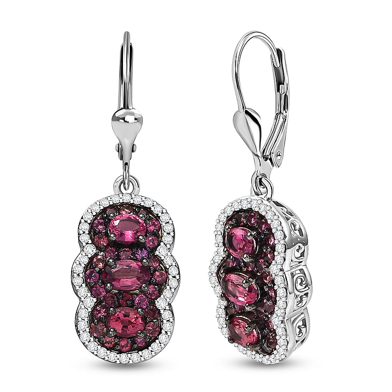 D'Joy Ouro Fino Rubellite and White Zircon 3.10 ctw Trilogy Lever Back Earrings in Rhodium Over Sterling Silver