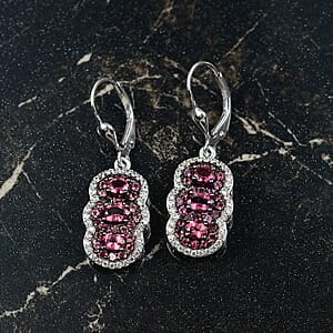 D'Joy Ouro Fino Rubellite and White Zircon 3.10 ctw Trilogy Lever Back Earrings in Rhodium Over Sterling Silver